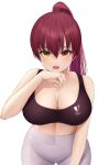  1girl :o absurdres ass_visible_through_thighs bare_shoulders black_sports_bra breasts cleavage collarbone grey_pants hand_up heterochromia highres hololive houshou_marine laimer large_breasts leaning_forward looking_at_viewer open_mouth pants ponytail red_eyes red_hair simple_background solo sports_bra sweat teeth upper_teeth virtual_youtuber white_background wiping_sweat yellow_eyes yoga_pants 
