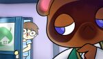 2019 animal_crossing anthro bent_arm blue_bottomwear blue_clothing blue_eyes blue_pants blue_stripes blue_wall bottomwear brown_body brown_eyes brown_fur brown_hair brown_markings canid canine clothed clothed_anthro clothed_human clothed_male clothing colored cookieboy011 digital_drawing_(artwork) digital_media_(artwork) door doorframe duo english_description eyebrow_through_hair eyebrows facial_markings fingers fully_clothed fully_clothed_human fully_clothed_male fur green_clothing green_topwear green_vest hair head_markings human light lighting looking_at_another looking_back looking_back_at_another male male_anthro male_human mammal markings necktie nintendo no_pupils opening_door pants pattern_clothing pattern_shirt pattern_t-shirt pattern_topwear pink_inner_ear raccoon_dog red_necktie red_nose shaded shirt short_hair story story_in_description striped_clothing striped_shirt striped_t-shirt striped_topwear stripes t-shirt tanuki tom_nook_(animal_crossing) topwear translucent translucent_hair triangle_nose vest villager_(animal_crossing) wall_(structure) white_clothing white_dress_shirt white_shirt white_t-shirt white_topwear window