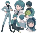  1boy aeug bandage_on_face bandages black_pants blue_eyes blue_hair blue_pants clenched_hand closed_mouth commentary crying from_behind gundam haro highres jacket kamille_bidan kasumi_(skchkko) long_sleeves mecha_pilot_suit military_uniform multicolored_jacket multiple_views normal_suit_(gundam) open_mouth pants short_hair solo sweater symbol-only_commentary two-tone_jacket white_background zeta_gundam 