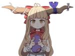  1girl absurdres ahoge bare_shoulders blunt_bangs blush bottle bow bowtie brown_horns closed_mouth commentary_request hair_bow highres holding holding_bottle horn_ornament horn_ribbon horns ibuki_suika kame_(kamepan44231) long_hair looking_at_viewer orange_eyes orange_hair purple_ribbon red_bow red_bowtie ribbon sake_bottle shirt simple_background sleeveless sleeveless_shirt solo touhou upper_body white_background white_shirt wrist_cuffs 
