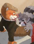 absurd_res anthro ball_sniffing balls bed blush clothed clothing duo erection furniture genitals hi_res high-angle_view humanoid_genitalia humanoid_penis kneeling male male/male mammal mcfan mustelid musteline open_mouth open_smile partially_clothed penis procyonid raccoon sitting smile sniffing true_musteline weasel weekly