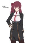  1girl absurdres blush character_name closed_mouth commentary cowboy_shot english_commentary girls&#039;_frontline hand_on_own_hip highres long_hair looking_at_viewer necktie nighttsound one_side_up pantyhose purple_hair red_eyes red_necktie simple_background solo wa2000_(girls&#039;_frontline) white_background 