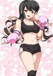  1girl black_hair blush boxing boxing_gloves breasts clover_background cowboy_shot fang hair_ribbon hairband highres kanmiya_shinobu kantai_collection knee_pads large_breasts long_hair looking_at_viewer multicolored_hair naganami_(kancolle) navel open_mouth pink_background pink_hair ribbon shorts smile solo sports_bra sportswear two-tone_hair wavy_hair white_hairband yellow_eyes 