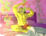 absurd_res anthro artemi barazoku bedding bulge clothed clothing detailed_bulge dragon erection felid feline genital_outline hair hi_res hybrid male mammal morning morning_wood muscular muscular_anthro muscular_male mythological_creature mythological_scalie mythology nipples open_mouth penis_outline plant remember_the_flowers ring_(remember_the_flowers) scalie solo teeth topless underwear underwear_only waking_up yawn