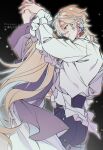  1boy 1girl arm_up artist_name aventurine_(honkai:_star_rail) black_pants blonde_hair blue_eyes brother_and_sister dancing dress earrings frilled_shirt frilled_sleeves frills grin hair_between_eyes hand_up hashtag-only_commentary high-waist_pants highres holding_hands honkai:_star_rail honkai_(series) jacket jewelry kakavasha&#039;s_sister_(honkai:_star_rail) light_particles long_hair long_sleeves looking_at_another looking_down multicolored_eyes neck_tattoo pants parted_bangs parted_lips purple_eyes purple_jacket rongyuan_gulu shirt short_hair siblings smile standing tattoo twitter_username very_long_hair white_dress white_shirt 