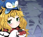  1girl bags_under_eyes bangs black_gloves blonde_hair blush closed_mouth commentary_request cookie_(touhou) gloves gram_9 green_eyes holding holding_poke_ball kirisame_marisa long_hair looking_at_viewer mars_(cookie) no_hat no_headwear partially_fingerless_gloves piplup poke_ball pokemon red_scarf scarf touhou tyranitar upper_body 