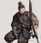  1boy beard black_hair bow_(weapon) brown_hair commentary facial_hair gloves hanzo_(overwatch) holding japanese_clothes long_hair long_sleeves male_focus multicolored_hair overwatch ponytail solo strawberry_napa tattoo weapon 