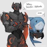  1boy absurdres armor avengers_(series) cyrosaur fins fish_tail glowing glowing_eyes highres humanoid_robot jeff_the_land_shark looking_at_viewer male_focus marvel marvel_rivals red_eyes robot shark shark_fin shark_tail simple_background tail teeth ultron 
