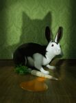  2020 absurd_res ambiguous_gender black_body black_fur carrot detailed_background fangs feral food fur hi_res inside lagomorph leporid mammal mike_heath plant quadruped rabbit shadow solo vampire vegetable white_body white_fur 