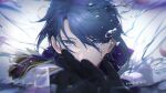  1boy anna_(drw01) bangs black_gloves blue_hair blurry close-up depth_of_field face genshin_impact gloves hair_between_eyes highres kamisato_ayato long_hair looking_at_viewer male_focus solo water white_background 