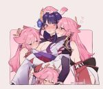  4girls animal_ears animal_on_head artist_name blush breasts cleavage clone closed_mouth commentary earrings english_commentary fox fox_ears genshin_impact girl_sandwich heart hug japanese_clothes jewelry kimono large_breasts long_hair multiple_girls nonons obi on_head parted_lips pink_background pink_eyes pink_hair purple_eyes purple_hair purple_kimono raiden_shogun sandwiched sash smile yae_miko yae_miko_(fox) yuri 