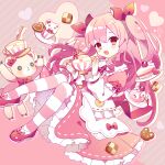  1girl bangs bear blush cake commentary_request cookie cup dress food frilled_dress frills full_body himekuma_ribon long_hair open_mouth orange_eyes pink_background pink_hair pink_theme re:act ribbon saijo1201 solo teacup thighhighs virtual_youtuber 