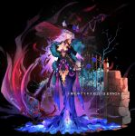  1girl 2013 aura bare_tree black_background black_hat breasts brick bush cleavage cleavage_cutout clothing_cutout commentary company_name copyright_name copyright_notice dark_aura falling_feathers feathers finger_to_own_chin full_body fur_shawl gate gradient_clothes gradient_skirt hat head_tilt holding holding_scythe lace large_breasts large_hat light_particles long_hair long_skirt messy_hair official_art pink_eyes purple_hair rashmash red_feathers sagara_riri scythe sennen_sensou_aigis shawl skirt solo stuffed_animal stuffed_donkey stuffed_toy tree 