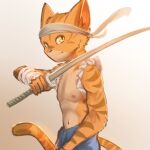  anthro felid fur hi_res katana male mammal melee_weapon ninja nipples orange_body orange_fur pantherine solo stampmats sword tiger warrior weapon young 