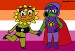 bikini boots breasts cape clothing duo electronic_arts elemental_creature elemental_humanoid eyewear female flora_fauna flower flower_creature footwear gloves goggles green_shadow hand_holding hand_on_hip handwear hood humanoid lesbian_pride_colors lgbt_pride mask medal navel not_furry peashooter_(pvz) petals plant plant_humanoid plants_vs._zombies plants_vs._zombies_heroes popcap_games pride_colors roxyreviews sandals shoes smile solar_flare_(pvz) sunflower_(pvz) superhero swimwear two-piece_swimsuit
