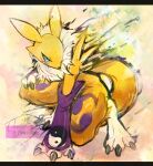 anthro armwear armwear_only bandai_namco black_claws black_sclera blue_eyes canid canine claws clothing digimon digimon_(species) digitigrade dipstick_ears ear_markings finger_claws fur hi_res mammal mostly_nude multicolored_ears pose purple_armwear purple_clothing renamon solo tail thwillartz two_tone_ears white_body white_fingers white_fur yellow_body yellow_ears yellow_fur yellow_tail