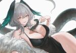  1girl absurdres arknights armpit_crease bare_shoulders between_breasts black_choker black_collar black_dress black_snake bracelet breasts c113oreo chain chain_bracelet choker cleavage collar commentary dress fangs fingernails fur_shawl green_eyes green_nails grey_hair groin hair_between_eyes head_wings highres ho&#039;olheyak_(arknights) huge_breasts jewelry long_tail looking_at_viewer low_neckline lying medium_hair nail_polish o-ring on_side open_mouth pelvic_curtain shawl shiny_skin simple_background sleeveless sleeveless_dress slit_pupils smile snake snake_girl snake_tail solo spaghetti_strap strap_between_breasts tail thighs white_background wings 