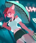  2022 absurd_res anthro bottomwear clothed clothing digital_media_(artwork) eyewear female fully_clothed fur glasses hi_res holding_object holding_umbrella hydrabb looking_at_viewer midriff navel outside pink_body pink_fur raining shorts signature solo umbrella 