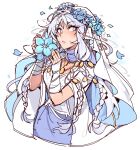 1girl almightychiru blue_eyes braid colored_eyelashes commentary cropped_legs doll_joints dress elden_ring elden_ring_nightreign english_commentary facing_viewer falling_petals flower flower_wreath head_wreath holding holding_flower jewelry joints long_hair looking_to_the_side low_twin_braids pale_skin parted_lips petals revenant_(elden_ring) solo twin_braids upper_body wavy_hair white_background white_dress white_eyelashes white_hair wrist_wrap 