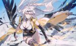  1girl asymmetrical_gloves black_gloves black_shorts black_thighhighs breasts chromatic_aberration cleavage closed_mouth collar commentary fingerless_gloves floating_hair gloves hair_ornament high-waist_shorts highres jacket large_breasts looking_at_viewer mole mole_on_breast o0oherb shirt shorts single_thighhigh solo thighhighs thighs uneven_gloves white_collar white_hair white_shirt yellow_eyes yellow_jacket yi_xuan_(zenless_zone_zero) zenless_zone_zero 