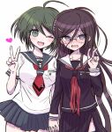  2girls 8takenokonosato8 :d ahoge bangs black_skirt blush breast_pocket breasts brown_hair danganronpa_(series) danganronpa_another_episode:_ultra_despair_girls eyebrows_visible_through_hair fukawa_touko hair_ornament hairclip hand_up heart holding_hands large_breasts long_sleeves miniskirt multiple_girls naegi_komaru neckerchief necktie one_eye_closed pocket red_neckerchief red_necktie round_eyewear sailor_collar school_uniform serafuku shiny shiny_hair shirt short_sleeves skirt small_breasts smile teeth torn_neckerchief upper_teeth white_sailor_collar yuri 