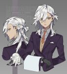  1boy arm_behind_back artist_name black_gloves breast_pocket brown_vest butler closed_mouth collared_shirt commentary_request cyno_(genshin_impact) dark-skinned_male dark_skin earpiece genshin_impact gloves grey_background grey_shirt hair_between_eyes half_updo highres jacket lapels long_hair long_sleeves looking_at_viewer looking_back male_focus microphone multiple_views necktie open_mouth parted_bangs pocket pocket_square purple_jacket red_eyes red_necktie shirt signature simple_background sky_yoichi towel towel_on_arm upper_body vest watermark white_hair wing_collar 