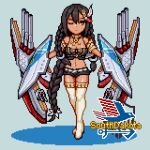 1girl aqua_background azur_lane bangs bare_shoulders belt black_hair black_shirt black_shorts boots braid breasts brown_eyes character_name cleavage closed_mouth collarbone commentary_request crop_top dark-skinned_female dark_skin eagle_union_(emblem) feather_hair_ornament feathers full_body hair_between_eyes hair_ornament holding holding_shield jewelry large_breasts long_hair looking_at_viewer midriff navel necklace one_eye_closed ookura_okura pixel_art rigging shadow shield shirt short_shorts shorts sidelocks simple_background solo south_dakota_(azur_lane) standing tachi-e thigh_boots thighhighs tri_braids turret white_belt white_footwear 