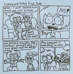 4_panel_comic after_kiss anthro arm_around_partner bear biped bovid canid canine canis caprine clothing comic dialogue domestic_cat domestic_dog embarrassed english_text felid feline felis female furniture group humor joe_chin katy_kat lammy_lamb male mammal nikki_morgen parappa parappa_the_rapper pj_berri print_clothing print_shirt print_t-shirt print_topwear sheep shirt sitting smile sofa sony_corporation sony_interactive_entertainment speech_bubble standing t-shirt text title topwear um_jammer_lammy voyeur window yelling