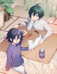  2boys ahoge alternate_costume animal bangs black_hair brown_eyes can curtains danganronpa_(series) danganronpa_v3:_killing_harmony dated ewa_(seraphhuiyu) food fruit hair_between_eyes happy_birthday highres indoors kotatsu male_focus multiple_boys open_mouth ouma_kokichi pants pink_sweater plant plate potted_plant saihara_shuuichi shiny shiny_hair sitting smile sweater table teeth watermark white_pants white_sweater 