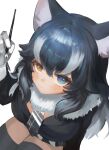  1girl animal_ears bangs black_hair black_jacket blue_eyes breasts closed_mouth dokomon expressionless fangs from_above fur_collar gloves grey_hair grey_wolf_(kemono_friends) hair_between_eyes hand_up heterochromia highres holding jacket kemono_friends large_breasts long_sleeves looking_at_viewer looking_up microskirt multicolored_hair necktie plaid_necktie simple_background sitting skin_fangs skirt solo thighhighs thighs two-tone_hair white_background white_gloves wolf_ears yellow_eyes zettai_ryouiki 