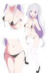  1girl areola_slip areolae bare_shoulders bikini black_bikini black_footwear braid breasts cleavage commentary coro_fae emilia_(re:zero) eyebrows_visible_through_hair eyelashes grey_hair hair_ornament hand_on_own_chest high_heels highres knee_up long_hair looking_at_viewer medium_breasts micro_bikini multiple_views navel open_mouth pointy_ears purple_eyes purple_hair re:zero_kara_hajimeru_isekai_seikatsu simple_background solo standing standing_on_one_leg swimsuit thigh_gap thighhighs white_background white_legwear 