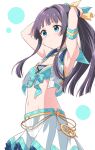  adjusting_hair armband armpits arms_up bangs belted_skirt black_hair blue_eyes blush bow bra breasts checkered_bra checkered_clothes choker cleavage commentary_request hair_ribbon idolmaster idolmaster_million_live! idolmaster_million_live!_theater_days long_hair looking_away midriff mogami_shizuka navel open_clothes ponytail ribbon sailor_collar serious shirt sidelocks skirt sleeveless sleeveless_shirt small_breasts solo taka_(suigendou) underwear white_background white_skirt 