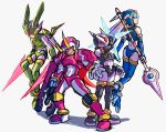  1girl 3boys armor blue_armor blue_eyes blue_helmet brother_and_sister brothers dual_wielding energy_blade energy_sword fairy_leviathan_(mega_man) fighting_fefnir_(mega_man) fins forehead_jewel full_body green_armor green_eyes green_helmet group_picture head_fins helmet hidden_phantom_(mega_man) highres holding holding_cannon holding_polearm holding_weapon horns mechanical_wings mega_man_(series) mega_man_zero_(series) multiple_boys n2ure7tfisnzmcd ninja polearm purple_armor purple_eyes purple_helmet red_armor red_eyes red_helmet red_scarf sage_harpuia_(mega_man) scarf siblings simple_background smirk spear sword weapon white_background winged_helmet wings 