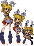 3girls arms_behind_back belt blonde_hair bloomers blunt_bangs blunt_ends blush boots bow bowtie chibi closed_mouth commentary_request double_bun dress dress_bow full_body grey_shirt hair_bun hair_ribbon haniwa_(statue) haniwa_kue height_difference highres holding holding_sword holding_weapon joutouguu_mayumi looking_at_another looking_at_viewer multiple_girls multiple_persona open_mouth pinafore_dress puffy_short_sleeves puffy_sleeves purple_belt purple_boots red_bow red_bowtie red_dress red_pupils ribbon shirt short_hair short_sleeves sidelocks simple_background sleeveless sleeveless_dress smile standing sword touhou two-sided_dress two-sided_fabric v-shaped_eyebrows weapon white_background white_ribbon yellow_dress yellow_eyes 
