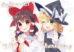  2girls ascot black_vest blonde_hair blush bow braid brown_eyes brown_hair commentary_request detached_sleeves english_text finger_counting frilled_bow frilled_hair_tubes frills green_eyes hair_bow hair_tubes hakurei_reimu hat hat_bow kirisame_marisa kudamono25253 long_hair long_sleeves milestone_celebration multiple_girls ok_sign one_eye_closed open_mouth purple_bow red_bow side_braid single_braid smile star_(symbol) touhou v vest watermark white_bow witch_hat yellow_ascot 