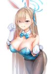  1girl :d absurdres animal_ear_hairband animal_ears asuna_(blue_archive) asuna_(bunny)_(blue_archive) asymmetrical_bangs black_pantyhose blonde_hair blue_archive blue_bow blue_bowtie blue_eyes blue_halo blue_leotard blue_ribbon blush bow bowtie breasts clenched_hands collar collarbone commentary_request detached_collar fake_animal_ears fake_tail gloves grin hair_ribbon hairband halo highres large_breasts leotard long_hair looking_at_viewer pantyhose partial_commentary playboy_bunny rabbit_ear_hairband rabbit_ears rabbit_tail ribbon rissenka simple_background smile solo tail teeth very_long_hair white_background white_collar white_gloves 