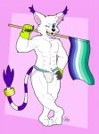 abs accessory anthro bandai_namco biceps big_ears blue_eyes bulge cheek_tuft chest_tuft clothing digimon digimon_(species) doggettdouglasmcdog ear_piercing ear_ring ear_tuft facial_tuft flag fur furgonomics gatomon gloves hand_on_hip handwear hi_res jockstrap lgbt_pride long_tail looking_at_viewer male markings michiguy_the_gatomon navel one_eye_closed open_mouth paws pecs piercing pride_color_accessory pride_color_flag pride_colors purple_striped_fur purple_stripes ring_piercing simple_background smile solo striped_markings striped_tail stripes tail tail_accessory tail_markings tail_tuft toned_body toned_male toned_muscles toned_stomach toned_thighs tuft underwear vincian_pride_colors whiskers white_body white_fur wink winking_at_viewer