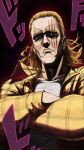  1boy absurdres blonde_hair blue_eyes closed_mouth crossed_arms hair_slicked_back highres jacket king_(one-punch_man) looking_at_viewer male_focus medium_hair one-punch_man re_naya scar scar_across_eye scar_on_face shirt solo white_shirt yellow_jacket 