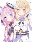  2girls :t ? ?? absurdres asymmetrical_gloves bare_shoulders black_gloves blonde_hair blue_eyes blush braid breasts citlali_(genshin_impact) cleavage closed_mouth commentary_request detached_sleeves dress facial_mark fingerless_gloves fingernails floating_headgear flower forehead_mark genshin_impact gloves hair_flower hair_ornament headgear highres kokoaji_(koko_aj1) long_hair looking_at_another lumine_(genshin_impact) medium_breasts multiple_girls nail_polish pink_hair pink_pupils pout purple_nails short_hair_with_long_locks simple_background sleeveless sleeveless_dress small_sweatdrop smile triangle triangle_facial_mark uneven_gloves very_long_hair white_background white_dress white_flower white_sleeves yellow_eyes yuri 
