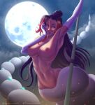  1girl :p abs aramey arm_up armpits bangs black_hair blue_eyes breasts cloud cloudy_sky collarbone commentary dark-skinned_female dark_skin elbow_gloves full_moon gloves groin hair_between_eyes hair_bun hand_on_own_cheek hand_on_own_face highres holding holding_pole kono_subarashii_sekai_ni_shukufuku_wo! kono_subarashii_sekai_ni_shukufuku_wo!:_kurenai_densetsu lamia large_breasts long_hair looking_at_viewer monster_girl moon multicolored_hair navel night night_sky nipples nude outdoors pole red_hair sidelocks sky smile solo spoilers stomach sylvia_(konosuba) tongue tongue_out web_address white_gloves 