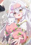  1girl 1other :d absurdres ahoge animal_ears bell blurry blush borrowed_character bow brick_floor cat cat_ears cat_girl commission crossed_bangs depth_of_field dot_nose double-parted_bangs dress eye_mask flower foreshortening frills from_above hair_between_eyes hair_bow hair_flower hair_ornament heterochromia highres jacket jingle_bell long_bangs long_hair long_sleeves looking_at_viewer mask neck_bell neck_ribbon open_mouth original outdoors outstretched_arm outstretched_hand pink_bow pink_flower pink_jacket pink_ribbon reaching reaching_towards_viewer red_eyes ribbon shiro9jira shoes sidelocks skeb_commission sleep_mask sleeve_bow sleeves_past_fingers sleeves_past_wrists smile solo_focus standing stuffed_animal stuffed_cat stuffed_toy two_side_up white_cat white_dress white_hair yellow_eyes 