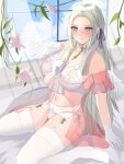  1girl absurdres alternate_breast_size babydoll bare_shoulders blonde_hair blush bra breasts cleavage clenched_hand closed_mouth collarbone commentary_request curtains detached_collar edelgard_von_hresvelg fake_wings feathered_wings fire_emblem fire_emblem:_three_houses flower garter_belt gloves glowing glowing_halo hair_ribbon halo hand_up highres indoors large_breasts leaning_to_the_side long_hair looking_at_viewer looking_to_the_side navel on_bed panties parted_bangs peli_cantaro plant pout purple_eyes purple_ribbon ribbon see-through_babydoll see-through_clothes see-through_nightgown shade sideboob sitting skindentation solo stomach sweatdrop thick_thighs thighhighs thighs underwear vines wariza white_bra white_gloves white_panties white_thighhighs wind window wings wrist_cuffs 