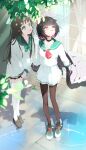  2girls absurdres airi_(blue_archive) animal_ears black_hair blue_archive blush brown_hair cat_ears colored_inner_animal_ears food-themed_hair_ornament green_eyes green_halo hair_ornament halo highres ice_cream_hair_ornament jacket kazusa_(blue_archive) long_hair looking_up machico_(1872251) multicolored_hair multiple_girls open_mouth pantyhose pink_hair pleated_skirt school_uniform serafuku shirt shoes short_hair skirt sneakers white_shirt 