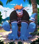 absurd_res anthro black_clothing black_shirt black_t-shirt black_topwear blue_body bottomwear brown_eyes clothed clothing collar crouching dragon duo front_view hair hi_res horn leash looking_at_viewer male male_anthro muscular muscular_anthro muscular_male mythological_creature mythological_scalie mythology open_mouth open_smile orange_hair outside pache_riggs red_collar red_leash scalie shirt short_hair shorts smile solo_focus t-shirt tiberius_(pache_riggs) topwear white_body white_horn