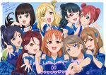  absurdres ahoge aqours_finale_lovelive!_~eikyuu_stage~ atbmossa bare_shoulders black_hair blonde_hair blue_eyes blue_hair braid brown_hair closed_mouth double_bun dress english_text everyone green_eyes grey_hair hair_bun hair_ornament highres holding_hands jewelry kunikida_hanamaru kurosawa_dia kurosawa_ruby long_hair looking_at_viewer love_live! love_live!_sunshine!! matsuura_kanan multiple_girls necklace ohara_mari one_eye_closed open_mouth pink_hair purple_eyes purple_hair reaching red_eyes red_hair sakurauchi_riko short_hair smile takami_chika tsushima_yoshiko v watanabe_you wavy_hair yellow_eyes 
