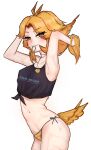  1girl absurdres adjusting_hair arched_back armpits bikini bird_girl bird_tail black_tank_top blonde_hair breasts closed_mouth clothes_writing collarbone commentary cowboy_shot diiaphy_alt dokibird_(vtuber) dragoon_(dokibird) english_text fang feather_hair feathers green_eyes hair_tie_in_mouth highres indie_virtual_youtuber jewelry mirrored_text mouth_hold navel pendant side-tie_bikini_bottom signature simple_background skin_fang small_breasts striped_bikini striped_clothes sweat swimsuit symbol-only_commentary tail tank_top tied_tank_top virtual_youtuber white_background yellow_bikini yellow_feathers yellow_tail 