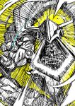  arm_blade arm_cannon blue_eyes cape digimoji digimon digimon_(creature) digimon_adventure digimon_adventure:_bokura_no_war_game eikenkobayashi eye_trail glowing glowing_eye greyscale_with_colored_background highres incoming_attack light_trail mecha monochrome motion_lines omegamon robot simple_background solo speed_lines spot_color sword weapon yellow_background 