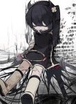  1girl absurdres black_dress black_hair boots broken_halo dress fish_hair_ornament hair_ornament halo halo_removed high_collar highres horns knee_boots long_hair long_sleeves original short_dress side_ponytail solo soresaki 
