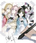  1other 4girls absurdres after-school_sweets_club_(blue_archive) airi_(band)_(blue_archive) airi_(blue_archive) animal_print black_hair black_jacket blonde_hair blue_jacket blunt_bangs blunt_ends blush bracelet cat_print closed_mouth clothes_around_waist colored_inner_animal_ears colored_inner_hair commentary green_eyes hair_bun hair_ribbon highres holding holding_pen jacket jacket_around_waist jewelry kazusa_(band)_(blue_archive) kazusa_(blue_archive) long_hair low_twintails lying multicolored_hair multiple_bracelets multiple_girls natsu_(band)_(blue_archive) natsu_(blue_archive) official_alternate_costume official_alternate_hairstyle on_back open_mouth own_hands_together parted_bangs pen pink_eyes pink_hair pleated_skirt pov qtian red_eyes red_jacket red_ribbon ribbon shirt short_hair side_ponytail sidelocks single_side_bun skirt t-shirt twintails two-tone_hair v white_shirt white_skirt yellow_eyes yellow_jacket yoshimi_(band)_(blue_archive) yoshimi_(blue_archive) 