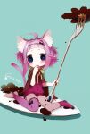  1girl ahoge animal_ear_fluff animal_ears aqua_background asymmetrical_legwear blue_eyes blush bow bowtie brown_cape cape cat_ears cat_girl cat_tail commentary_request english_commentary flower-shaped_chocolate fork grey_pantyhose holding holding_fork medium_hair mini_person minigirl mitsugo_(road_after_rain) mixed-language_commentary on_plate original pantyhose pink_hair pink_romper pink_socks romper short_bangs short_hair sitting socks solo tail tareme toeless_legwear yellow_bow yellow_bowtie 